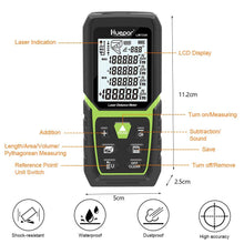 Load image into Gallery viewer, Huepar Laser Distance Meter 393Ft with Li-ion Battery &amp; Electric Angle Sensor with High Accuracy Multi-Measurement Modes LM120A
