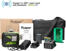 Load image into Gallery viewer, 3x360 Green Beam 3D Laser Level with Bluetooth Connectivity, Cross Line Laser Level Tool Huepar 603CG-BT
