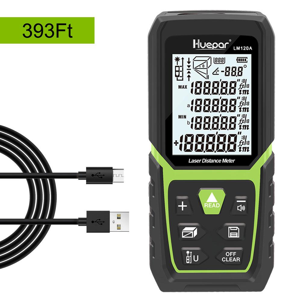 Huepar Laser Distance Meter 393Ft with Li-ion Battery & Electric Angle Sensor with High Accuracy Multi-Measurement Modes LM120A