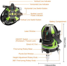 Load image into Gallery viewer, Huepar Green Beam Multi-Line Laser Level - Alignment Self-leveling Laser Tool - 360° Rotating Base, Hard Carrying Case Included 6141G
